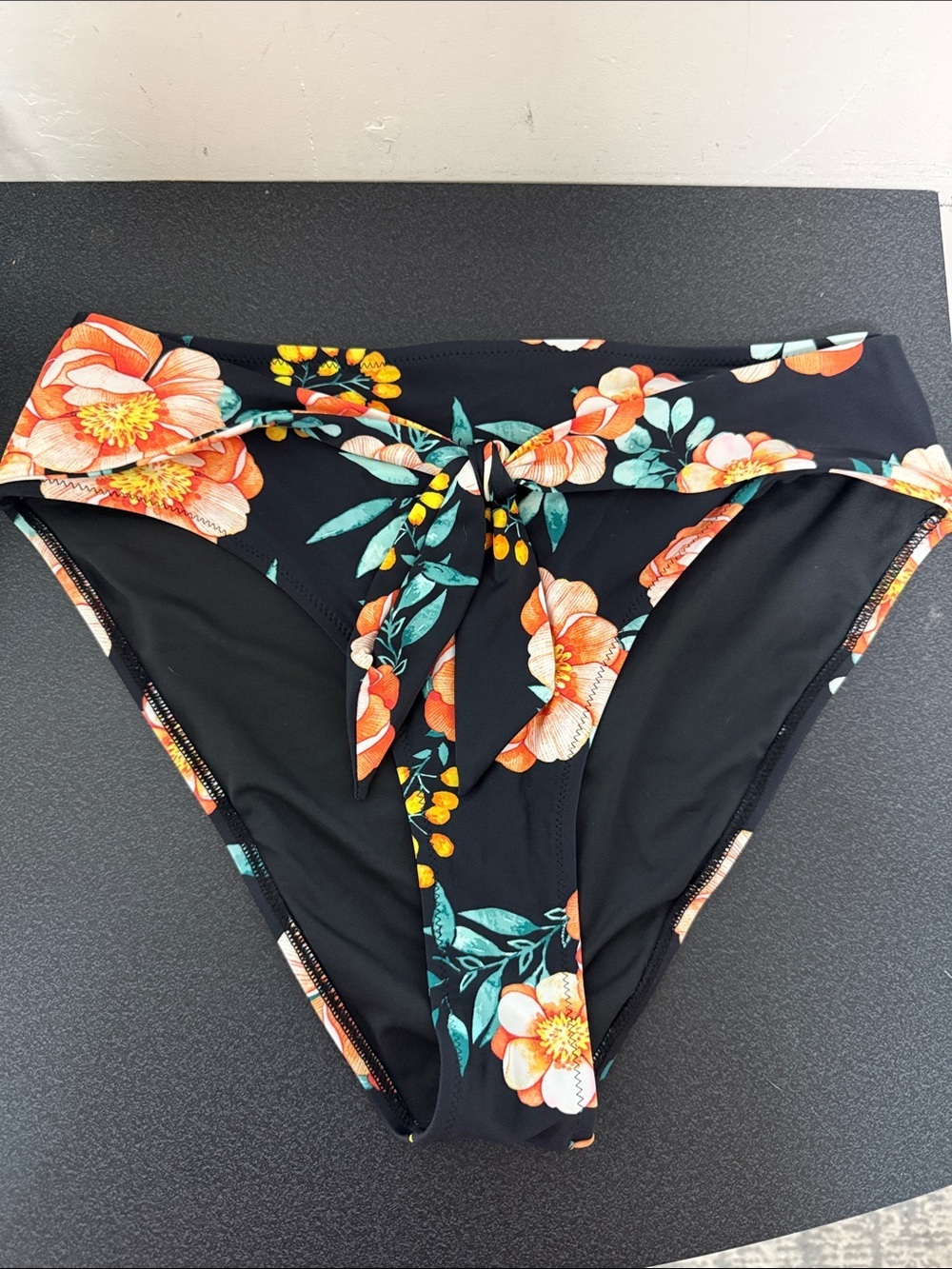 Cupshe Black Floral Tie-Front Bikini Bottoms with Orange & Teal Flowers